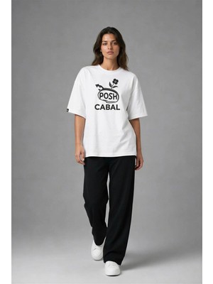 Posh Cabal F03043 Baskılı Oversize Beyaz Kadın T-Shirt