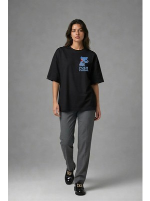Posh Cabal G02058 Baskılı Oversize Siyah Kadın T-Shirt