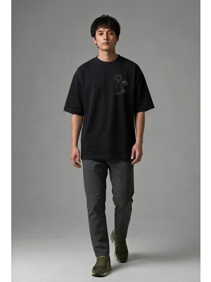 Posh Cabal G01128 Baskılı Oversize Siyah Erkek T-Shirt