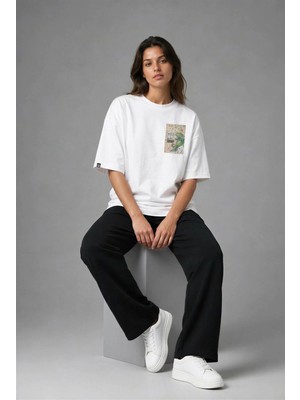 Posh Cabal G02105 Baskılı Oversize Beyaz Kadın T-Shirt