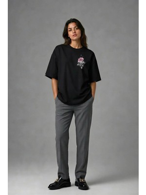 Posh Cabal G02001 Baskılı Oversize Siyah Kadın T-Shirt