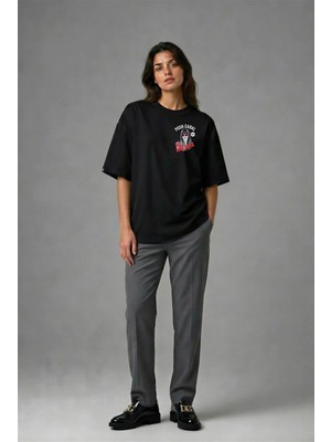 Posh Cabal G01024 Baskılı Oversize Siyah Kadın T-Shirt