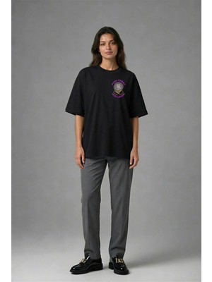 Posh Cabal G02092 Baskılı Oversize Siyah Kadın T-Shirt