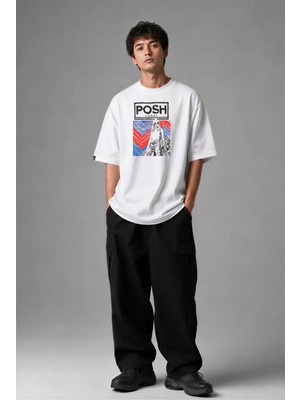 Posh Cabal F03121 Baskılı Oversize Beyaz Erkek T-Shirt