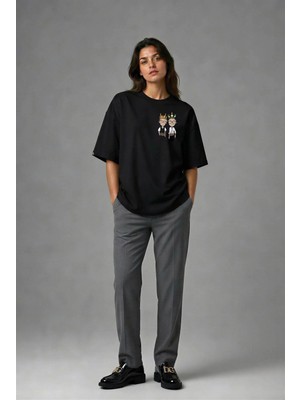 Posh Cabal G02036 Baskılı Oversize Siyah Kadın T-Shirt