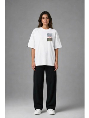 Posh Cabal G02037 Baskılı Oversize Beyaz Kadın T-Shirt