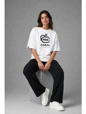 Posh Cabal F03045 Baskılı Oversize Beyaz Kadın T-Shirt
