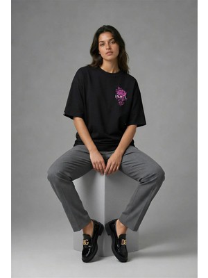Posh Cabal G01025 Baskılı Oversize Siyah Kadın T-Shirt