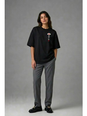 Posh Cabal G01034 Baskılı Oversize Siyah Kadın T-Shirt