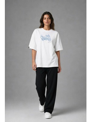 Posh Cabal F03073 Baskılı Oversize Beyaz Kadın T-Shirt