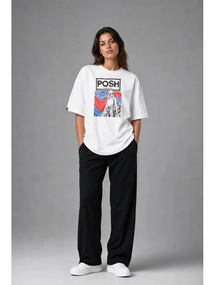 Posh Cabal F03121 Baskılı Oversize Beyaz Kadın T-Shirt