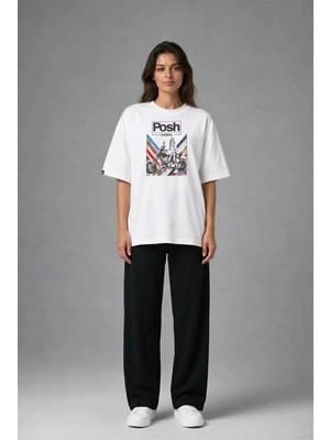Posh Cabal F03122 Baskılı Oversize Beyaz Kadın T-Shirt