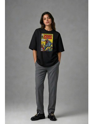 Posh Cabal F02131 Baskılı Oversize Siyah Kadın T-Shirt