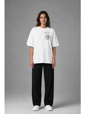 Posh Cabal G03042 Baskılı Oversize Beyaz Kadın T-Shirt