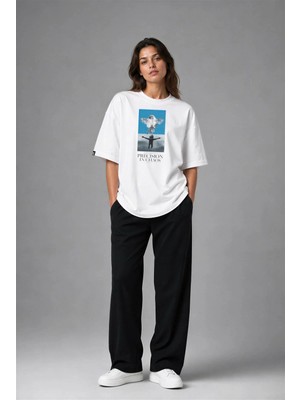 Posh Cabal F03131 Baskılı Oversize Beyaz Kadın T-Shirt