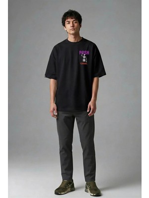 Posh Cabal G02077 Baskılı Oversize Siyah Erkek T-Shirt