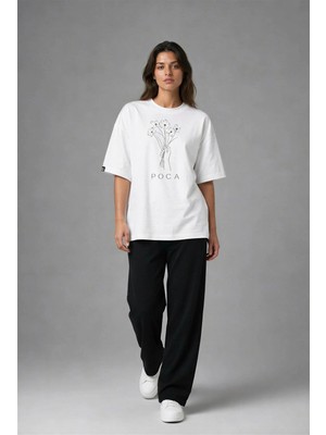 Posh Cabal F03048 Baskılı Oversize Beyaz Kadın T-Shirt