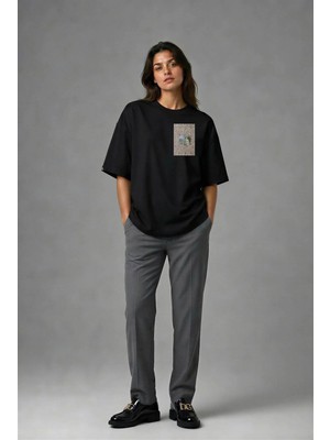 Posh Cabal G02106 Baskılı Oversize Siyah Kadın T-Shirt