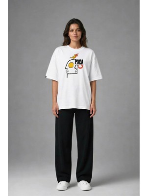 Posh Cabal F03027 Baskılı Oversize Beyaz Kadın T-Shirt