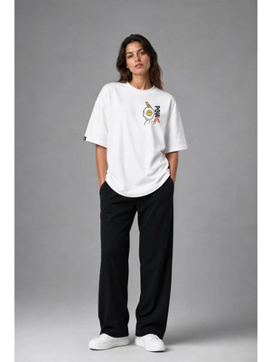 Posh Cabal G03031 Baskılı Oversize Beyaz Kadın T-Shirt