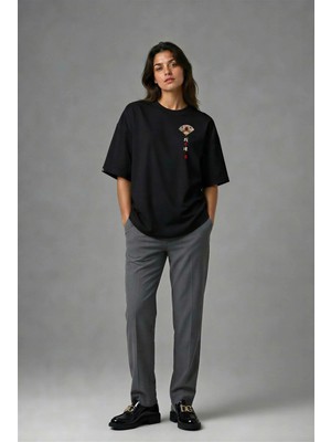 Posh Cabal G01036 Baskılı Oversize Siyah Kadın T-Shirt