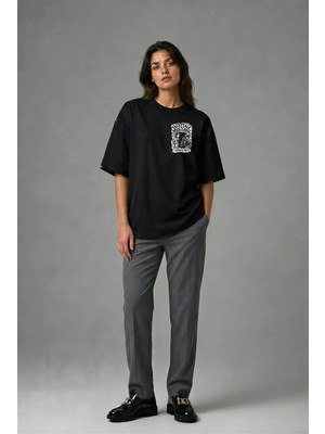 Posh Cabal G01039 Baskılı Oversize Siyah Kadın T-Shirt