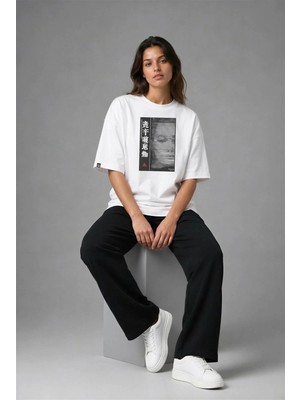Posh Cabal F03130 Baskılı Oversize Beyaz Kadın T-Shirt