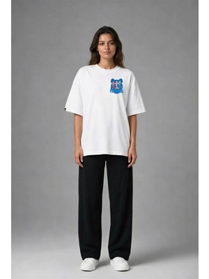 Posh Cabal G02062 Baskılı Oversize Beyaz Kadın T-Shirt