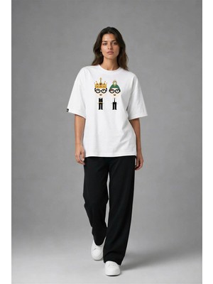 Posh Cabal F02028 Baskılı Oversize Beyaz Kadın T-Shirt