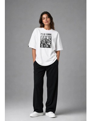 Posh Cabal F03116 Baskılı Oversize Beyaz Kadın T-Shirt