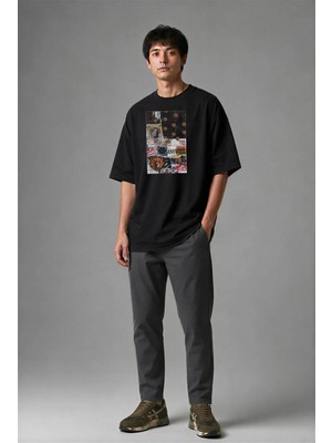 Posh Cabal F02054 Baskılı Oversize Siyah Erkek T-Shirt