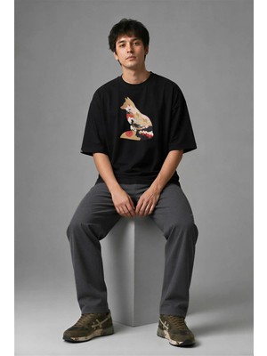 Posh Cabal F02140 Baskılı Oversize Siyah Erkek T-Shirt