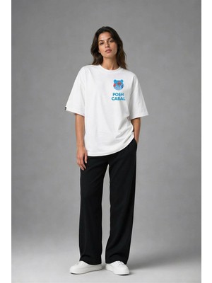 Posh Cabal G02059 Baskılı Oversize Beyaz Kadın T-Shirt