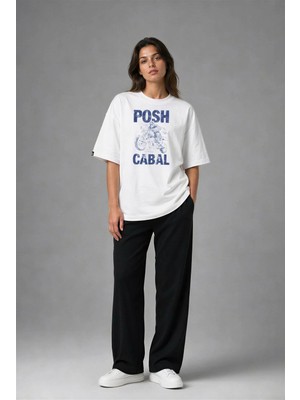 Posh Cabal F03064 Baskılı Oversize Beyaz Kadın T-Shirt