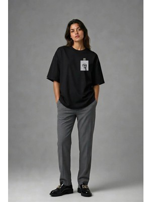 Posh Cabal G01111 Baskılı Oversize Siyah Kadın T-Shirt