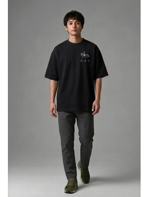 Posh Cabal G01053 Baskılı Oversize Siyah Erkek T-Shirt