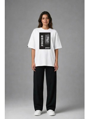 Posh Cabal F03127 Baskılı Oversize Beyaz Kadın T-Shirt