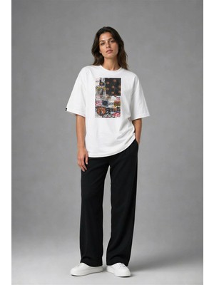 Posh Cabal F02054 Baskılı Oversize Beyaz Kadın T-Shirt