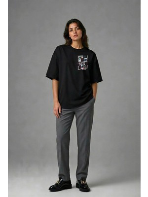 Posh Cabal G01044 Baskılı Oversize Siyah Kadın T-Shirt