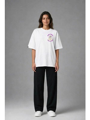 Posh Cabal G02092 Baskılı Oversize Beyaz Kadın T-Shirt