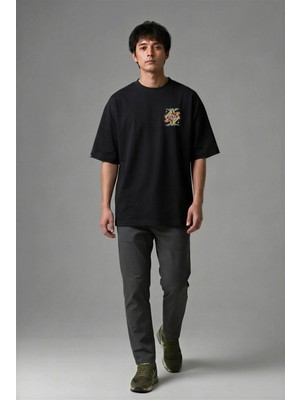 Posh Cabal G02038 Baskılı Oversize Siyah Erkek T-Shirt