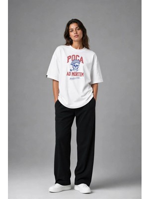 Posh Cabal F03106 Baskılı Oversize Beyaz Kadın T-Shirt