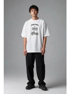 Posh Cabal F03142 Baskılı Oversize Beyaz Erkek T-Shirt