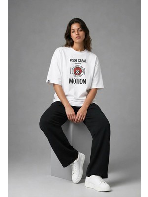 Posh Cabal F03100 Baskılı Oversize Beyaz Kadın T-Shirt