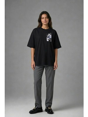Posh Cabal G02132 Baskılı Oversize Siyah Kadın T-Shirt