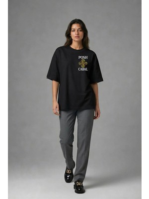 Posh Cabal G01028 Baskılı Oversize Siyah Kadın T-Shirt