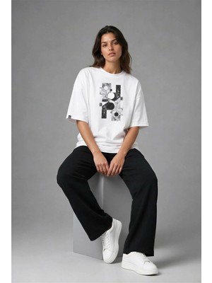 Posh Cabal F03005 Baskılı Oversize Beyaz Kadın T-Shirt