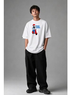 Posh Cabal F03071 Baskılı Oversize Beyaz Erkek T-Shirt