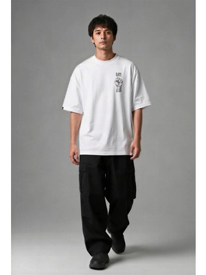 Posh Cabal G02108 Baskılı Oversize Beyaz Erkek T-Shirt