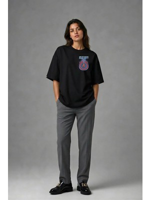 Posh Cabal G02046 Baskılı Oversize Siyah Kadın T-Shirt